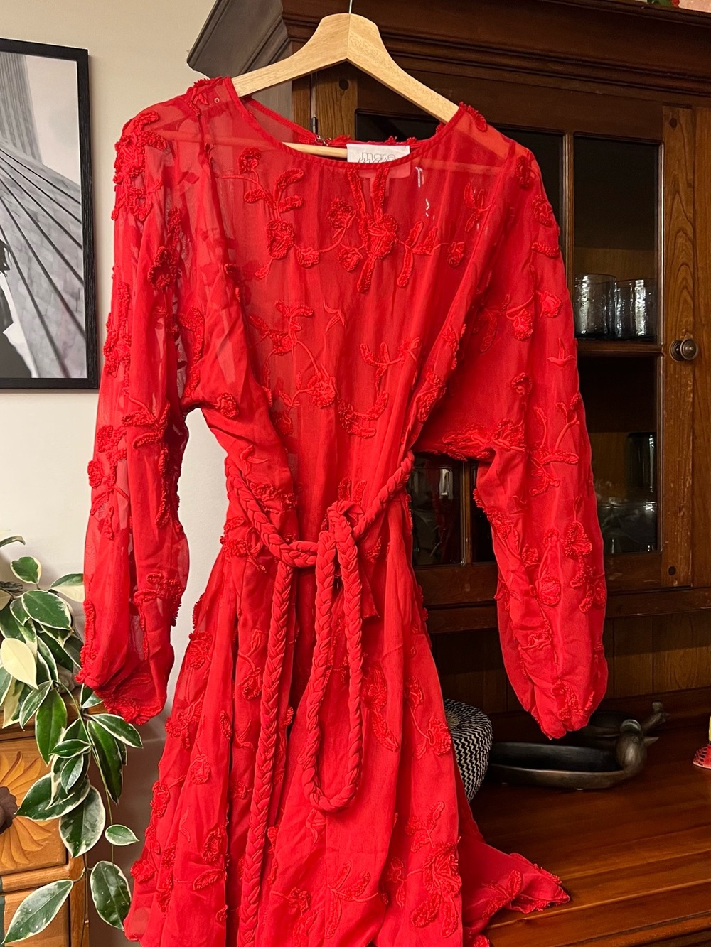 Anthropologie / MAEVE Red Embroidered Long-Sleeve Dress with braid belt & under